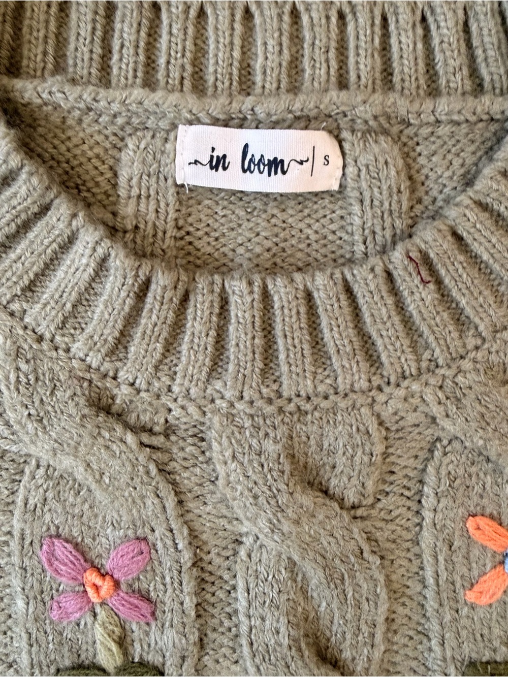 In Bloom Sage Cable-Knit Sweater with Pink & Orange Flowers - Picture 2 of 4